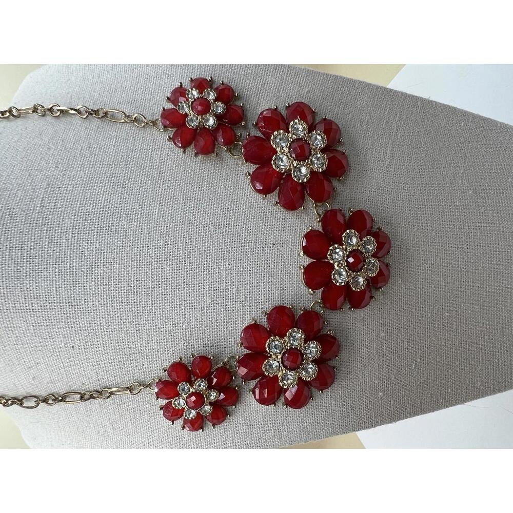 Red Floral Statement Necklace with Rhinestones - Picture 1 of 9